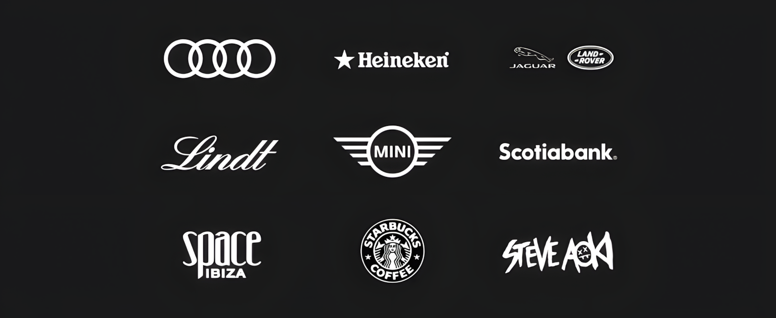 Audi, Heineken, Jaguar, Lindt, MINI, Scotiabank, Space Ibiza, Starbucks, Steve Aoki